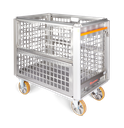 RTE RC Profile Mesh Transport Box with fold down panel left, 2 x cone brake, 2 x swivel castor, H=1150