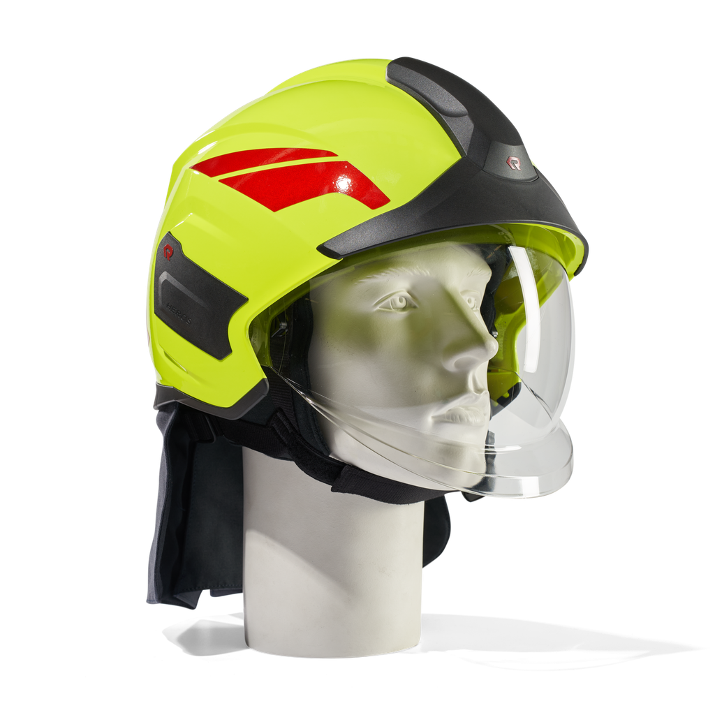 HEROS Titan high visibility luminous yellow with face shield clear, neck protector and helmet trims red