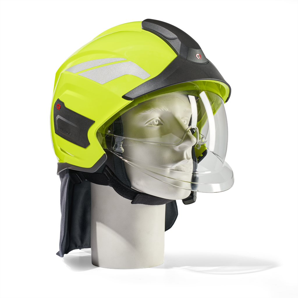 HEROS Titan high visibility luminous yellow with face shield, neck protector, eye protector and helmet trims silver